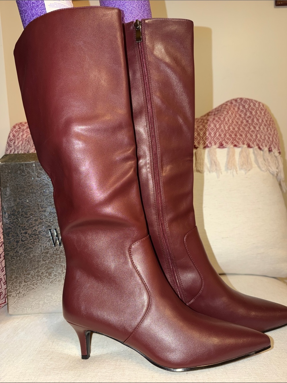 WETKISS Pointed-Toe Knee-High Kitten Heel Boots in Burgundy